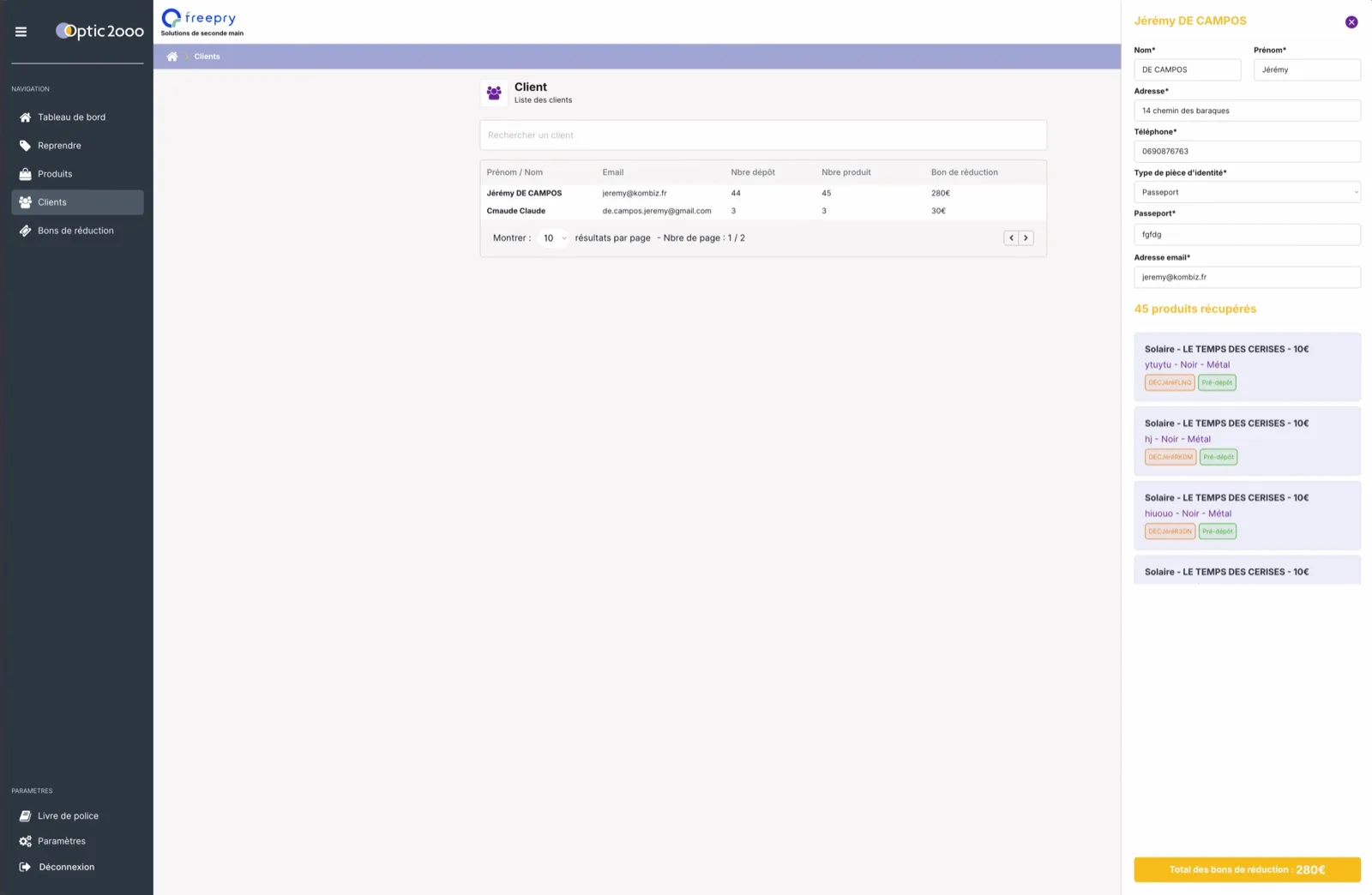 Compte client et historique des reprises