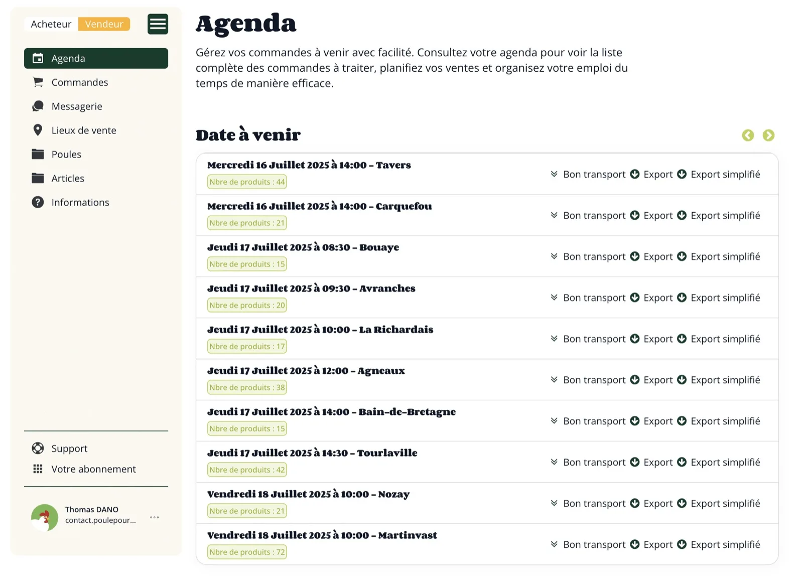 Agenda des ventes