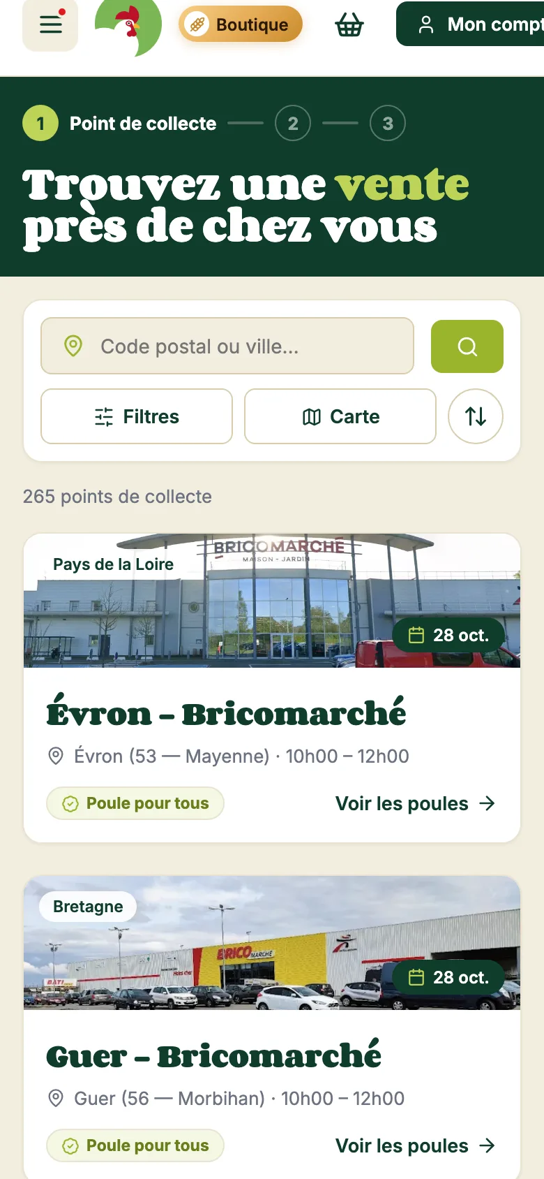 Liste des ventes près de chez soi en version mobile