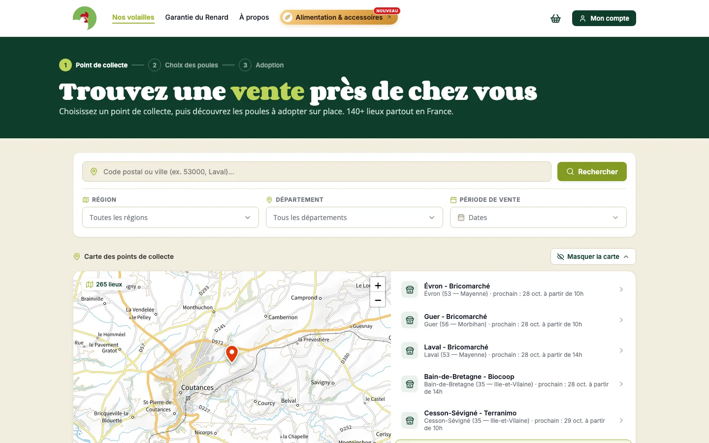 Recherche d'une vente près de chez soi : champ code postal ou ville, filtres par région, département et date, carte des points de collecte