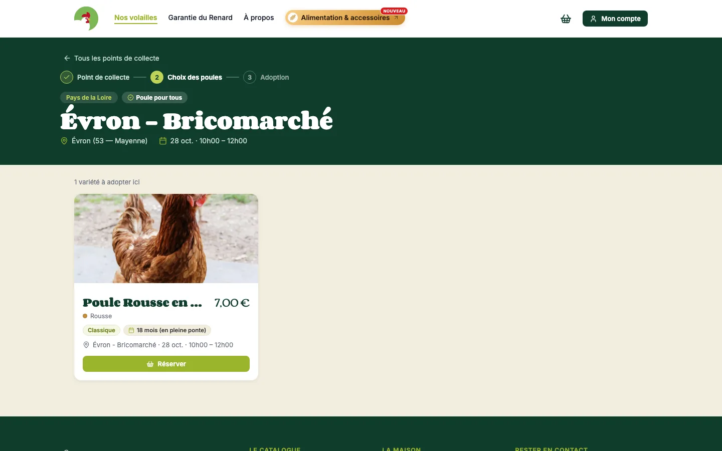 Page d'une vente à Évron : la poule rousse proposée, son prix, son âge et le bouton Réserver