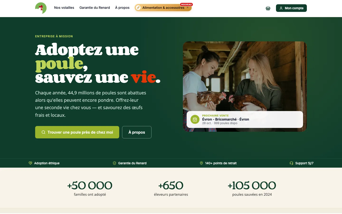 Accueil du site Poule pour tous : « Adoptez une poule, sauvez une vie », avec la prochaine vente et un bouton pour trouver une poule près de chez soi