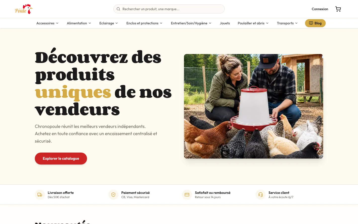 Accueil de Chronopoule : « Découvrez des produits uniques de nos vendeurs », avec la recherche, les rayons et un bouton vers le catalogue